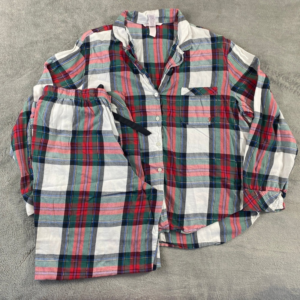 Victoria's Secret Pajama Set Women L Red Green Plaid Flannel Metallic Christmasy